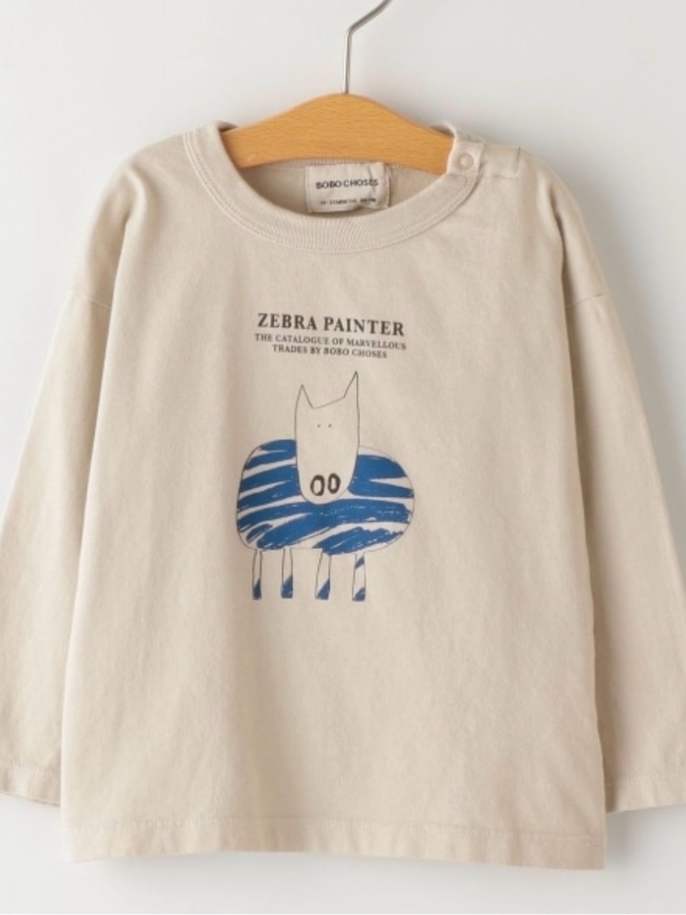 Bobo Choses Light Grey Long-Sleeve Tee with Blue Zebra Painter Graphic
